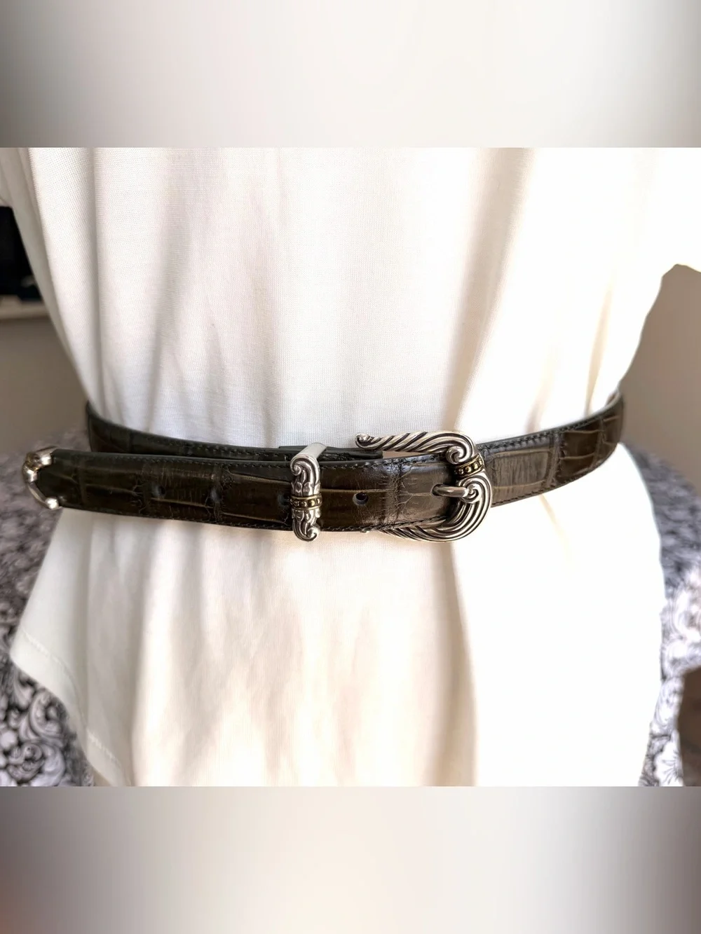 Brighton Olive Green Leather Belt Ornate Silver Gold Hardware M/L 32